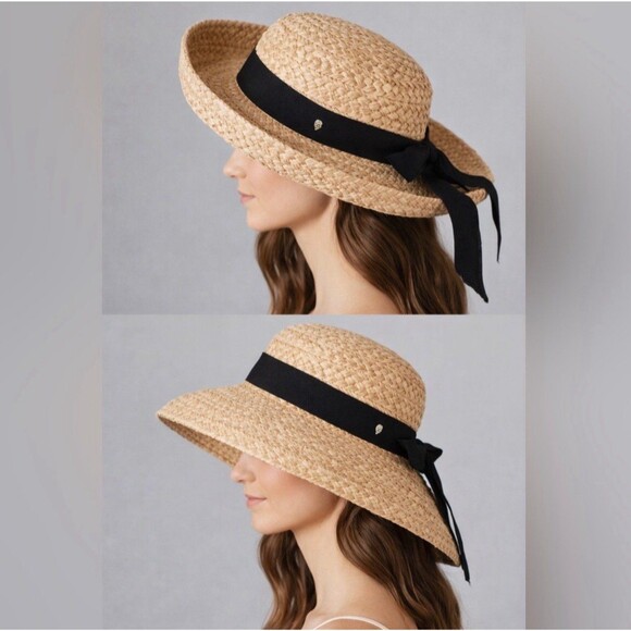 Helen Kaminski raffia hat with navy blue ribbon